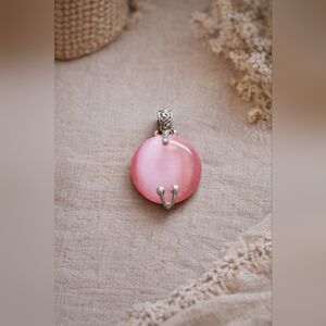 Pink Cat’s Eye Glass Pendant – Silver-Tone Setting